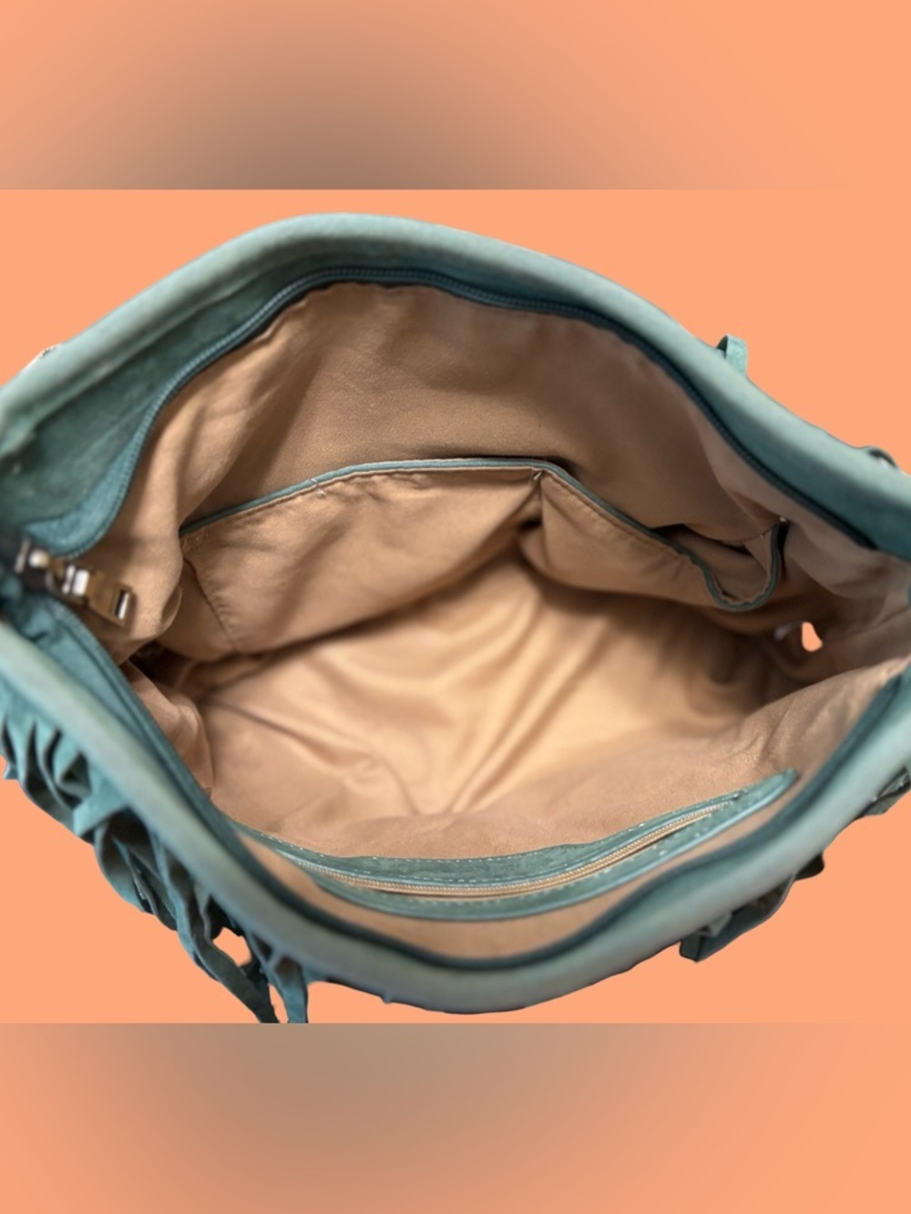 Fringed Suede Crossbody Bag with Patterned Strap - Teal - Picture 5 of 8